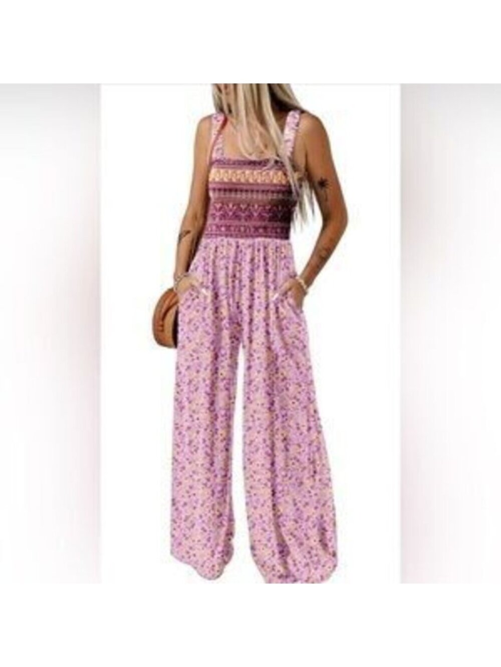 Overalls One Piece Sleeveless Printed Wide Leg Rompers With Pockets